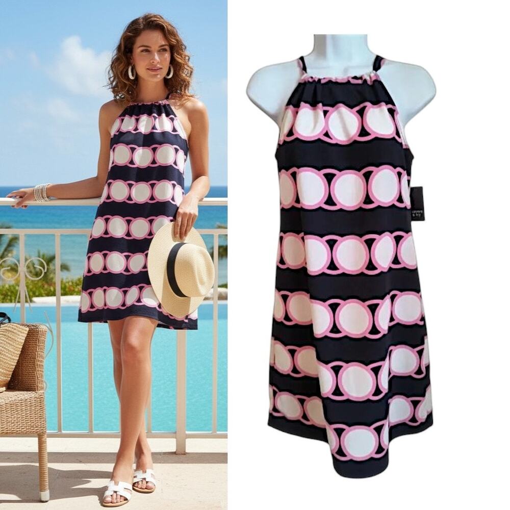 Crown & Ivy Sweet Talk Halter Dress Womens PS Petite Small Navy Pink White NWT